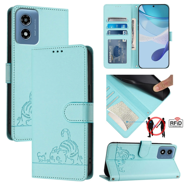 For Motorola Moto G 5G 2024 Global Cat Rat Embossed Pattern RFID Leather Phone Case with Lanyard(Mint Green) - Motorola Cases by PMC Jewellery | Online Shopping South Africa | PMC Jewellery | Buy Now Pay Later Mobicred