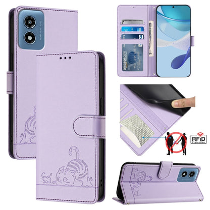 For Motorola Moto G 5G 2024 Global Cat Rat Embossed Pattern RFID Leather Phone Case with Lanyard(Purple) - Motorola Cases by PMC Jewellery | Online Shopping South Africa | PMC Jewellery | Buy Now Pay Later Mobicred