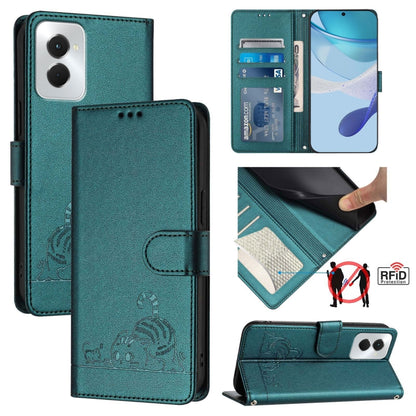 For Motorola Moto G Power 5G 2024 Cat Rat Embossed Pattern RFID Leather Phone Case with Lanyard(Peacock Green) - Motorola Cases by PMC Jewellery | Online Shopping South Africa | PMC Jewellery | Buy Now Pay Later Mobicred