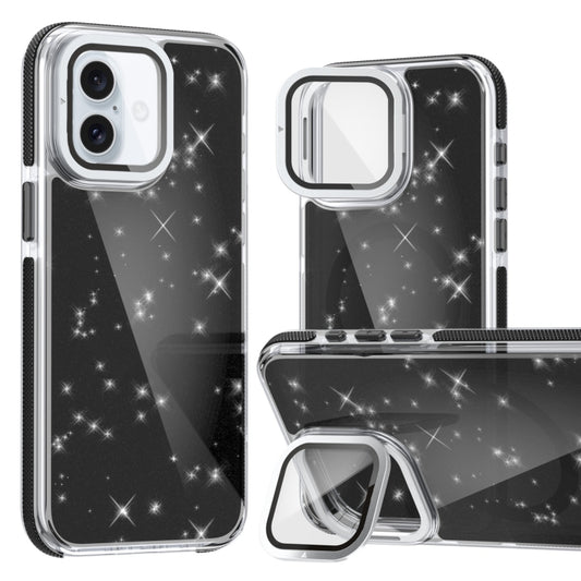 For iPhone 16 Two-color Glitter Powder Lens Holder Magsafe Phone Case(Black) - iPhone 16 Cases by PMC Jewellery | Online Shopping South Africa | PMC Jewellery | Buy Now Pay Later Mobicred