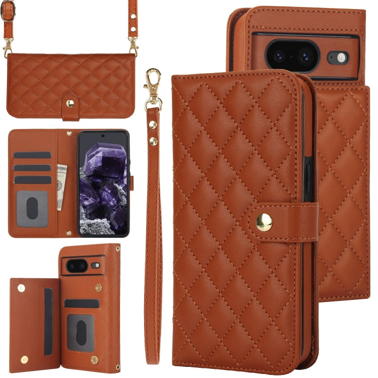 For Google Pixel 8 Crossbody Multifunction Rhombic Leather Phone Case(Brown) - Google Cases by PMC TechLife | Online Shopping South Africa | PMC TechLife | Buy Now Pay Later Mobicred