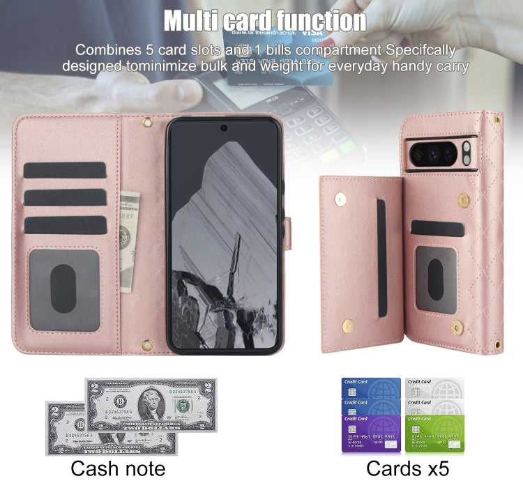 For Google Pixel 8 Pro Crossbody Multifunction Rhombic Leather Phone Case(Rose Gold) - Google Cases by PMC TechLife | Online Shopping South Africa | PMC TechLife | Buy Now Pay Later Mobicred