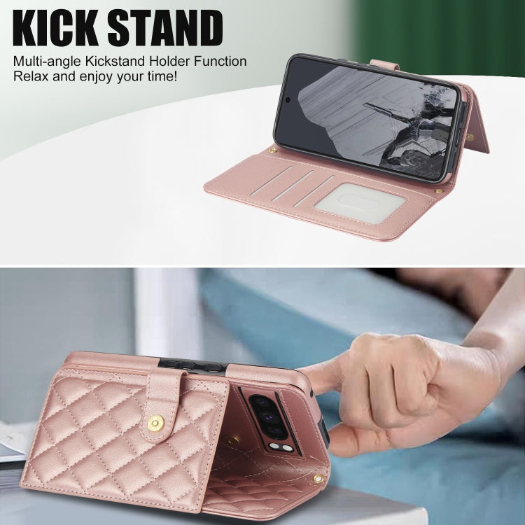 For Google Pixel 8 Pro Crossbody Multifunction Rhombic Leather Phone Case(Rose Gold) - Google Cases by PMC TechLife | Online Shopping South Africa | PMC TechLife | Buy Now Pay Later Mobicred
