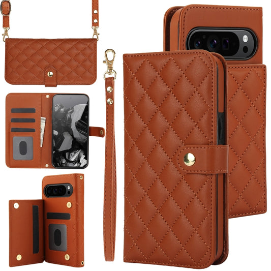 For Google Pixel 9 Crossbody Multifunction Rhombic Leather Phone Case(Brown) - Google Cases by PMC Jewellery | Online Shopping South Africa | PMC Jewellery | Buy Now Pay Later Mobicred