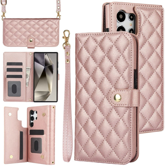 For Samsung Galaxy S24 Ultra 5G Crossbody Multifunction Rhombic Leather Phone Case(Rose Gold) - Galaxy S24 Ultra 5G Cases by PMC Jewellery | Online Shopping South Africa | PMC Jewellery | Buy Now Pay Later Mobicred