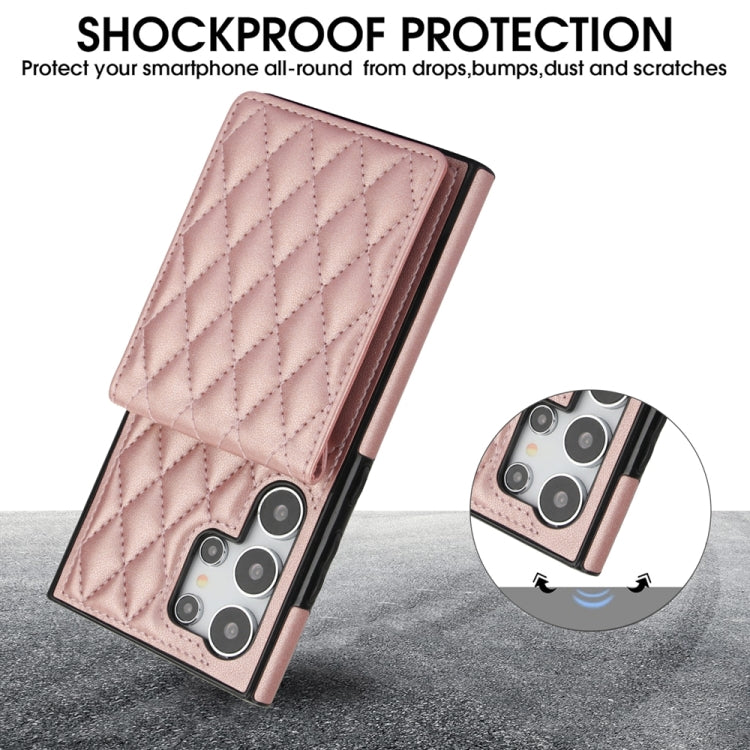 For Samsung Galaxy S24 Ultra 5G YM015 Crossbody Rhombic Card Bag RFID Phone Case(Rose Gold) - Galaxy S24 Ultra 5G Cases by PMC Jewellery | Online Shopping South Africa | PMC Jewellery | Buy Now Pay Later Mobicred