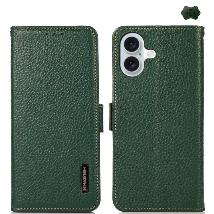 For iPhone 16 KHAZNEH Side-Magnetic Litchi Genuine Leather RFID Case(Green) - iPhone 16 Cases by PMC TechLife | Online Shopping South Africa | PMC TechLife | Buy Now Pay Later Mobicred
