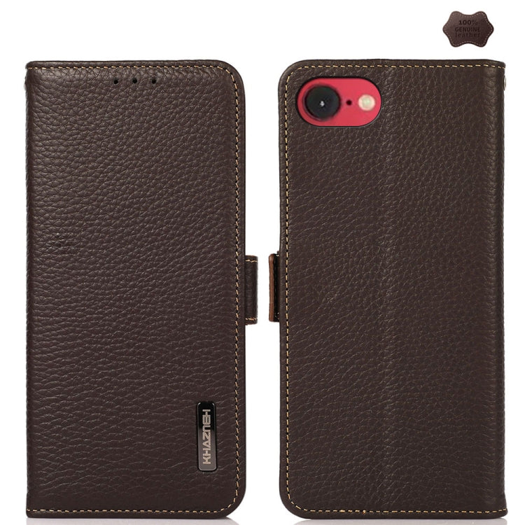 For iPhone 16e KHAZNEH Side-Magnetic Litchi Genuine Leather RFID Case(Brown) - iPhone 16e Cases by PMC TechLife | Online Shopping South Africa | PMC TechLife | Buy Now Pay Later Mobicred