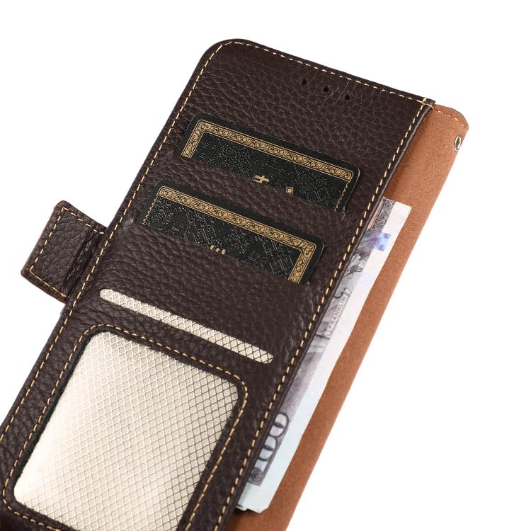 For iPhone 17 Pro Max KHAZNEH Side-Magnetic Litchi Genuine Leather RFID Case(Brown) - free shipping - PMc TechLife - Order now!
