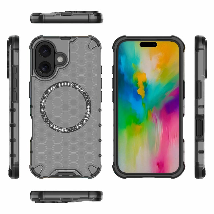 For iPhone 16 Honeycomb Magnetic Ring Shockproof Phone Case(Black) - iPhone 16 Cases by PMC TechLife | Online Shopping South Africa | PMC TechLife | Buy Now Pay Later Mobicred