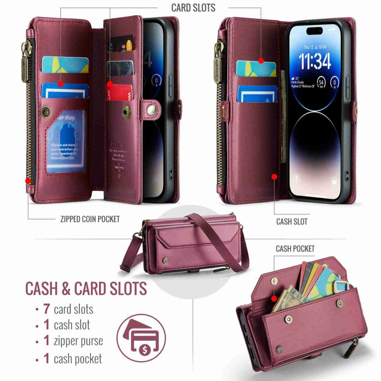 For iPhone 14 Pro Max CaseMe C36 Card Slots Zipper Wallet RFID Anti-theft Leather Phone Case(Wine Red) - iPhone 14 Pro Max Cases by CaseMe | Online Shopping South Africa | PMC Jewellery | Buy Now Pay Later Mobicred