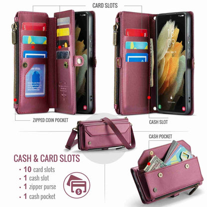 For Samsung Galaxy S21 Ultra 5G CaseMe C36 Card Slots Zipper Wallet RFID Anti-theft Leather Phone Case(Wine Red) - Galaxy S21 Ultra 5G Cases by CaseMe | Online Shopping South Africa | PMC Jewellery | Buy Now Pay Later Mobicred