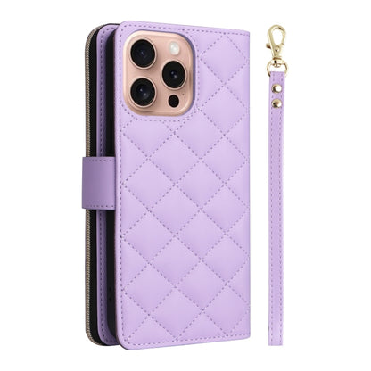 For iPhone 16 Pro Crossbody Rhombic Zipper Tower Buckle Leather Phone Case with Lanyard(Purple) - iPhone 16 Pro Cases by PMC Jewellery | Online Shopping South Africa | PMC Jewellery | Buy Now Pay Later Mobicred