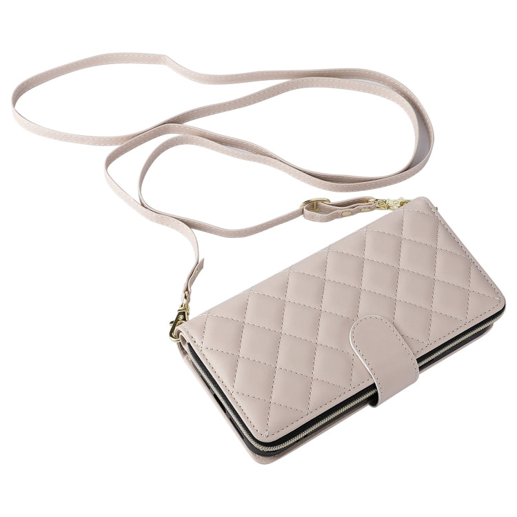 For iPhone 16 Pro Crossbody Rhombic Zipper Tower Buckle Leather Phone Case with Lanyard(Beige) - iPhone 16 Pro Cases by PMC Jewellery | Online Shopping South Africa | PMC Jewellery | Buy Now Pay Later Mobicred