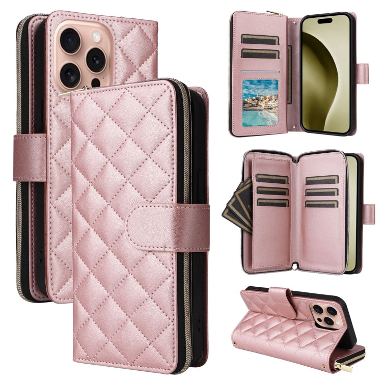 For iPhone 16 Pro Crossbody Rhombic Zipper Tower Buckle Leather Phone Case with Lanyard(Rose Gold) - iPhone 16 Pro Cases by PMC Jewellery | Online Shopping South Africa | PMC Jewellery | Buy Now Pay Later Mobicred