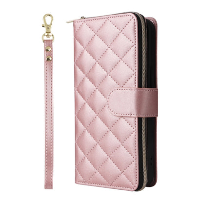 For iPhone 16 Pro Crossbody Rhombic Zipper Tower Buckle Leather Phone Case with Lanyard(Rose Gold) - iPhone 16 Pro Cases by PMC Jewellery | Online Shopping South Africa | PMC Jewellery | Buy Now Pay Later Mobicred