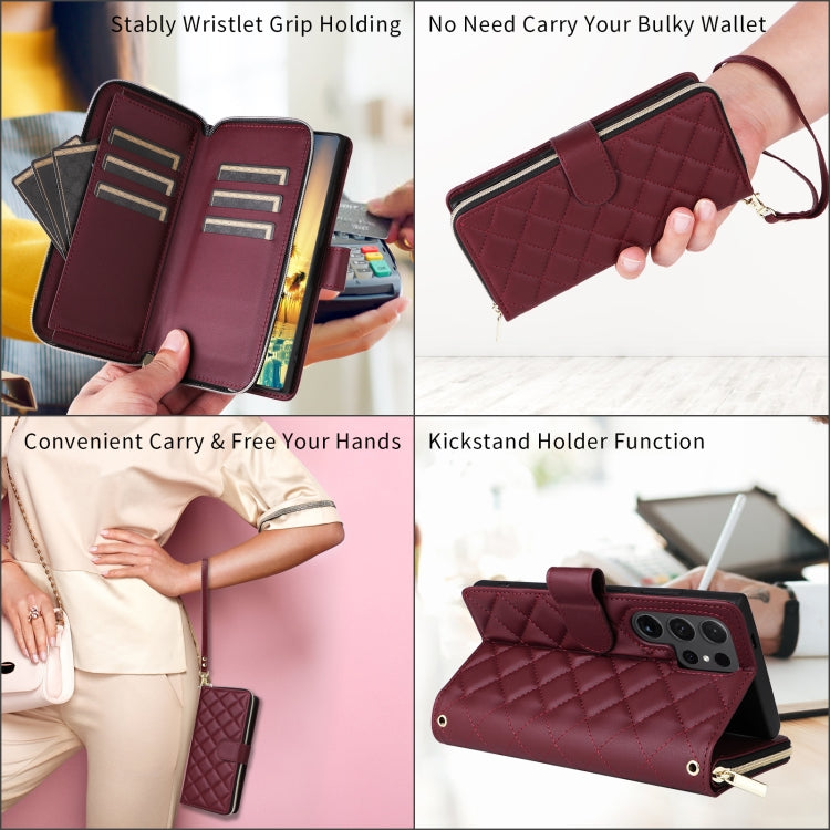 For Samsung Galaxy S24+ 5G Crossbody Rhombic Zipper Tower Buckle Leather Phone Case with Lanyard(Wine Red) - Galaxy S24+ 5G Cases by PMC Jewellery | Online Shopping South Africa | PMC Jewellery | Buy Now Pay Later Mobicred