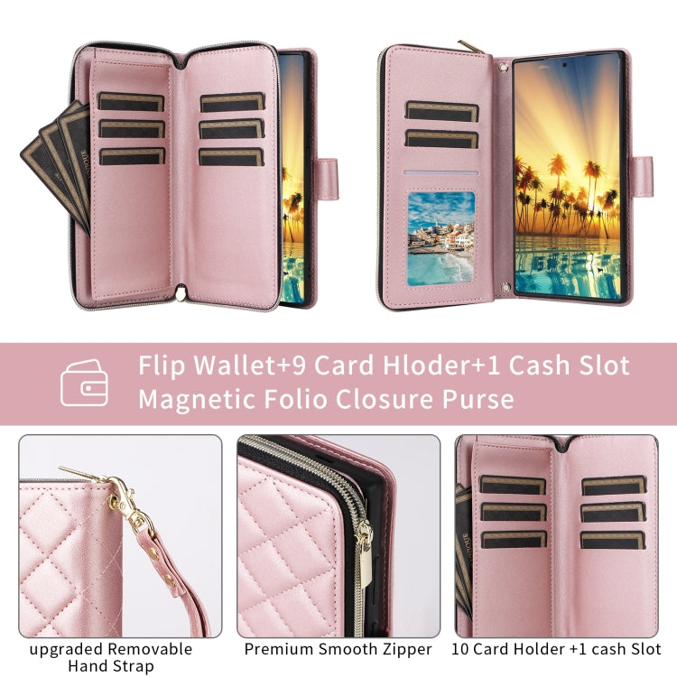 For Samsung Galaxy S24 Ultra 5G Crossbody Rhombic Zipper Tower Buckle Leather Phone Case with Lanyard(Rose Gold) - Galaxy S24 Ultra 5G Cases by PMC Jewellery | Online Shopping South Africa | PMC Jewellery | Buy Now Pay Later Mobicred