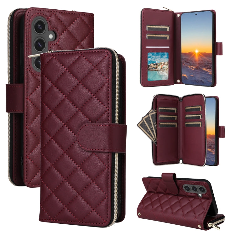 For Samsung Galaxy S24 FE 5G Crossbody Rhombic Zipper Tower Buckle Leather Phone Case with Lanyard(Wine Red) - Galaxy S24 FE 5G Cases by PMC Jewellery | Online Shopping South Africa | PMC Jewellery | Buy Now Pay Later Mobicred