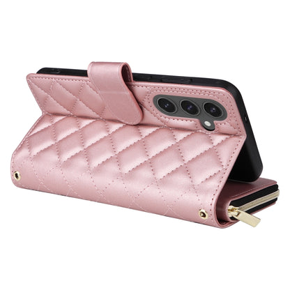 For Samsung Galaxy S24 FE 5G Crossbody Rhombic Zipper Tower Buckle Leather Phone Case with Lanyard(Rose Gold) - Galaxy S24 FE 5G Cases by PMC Jewellery | Online Shopping South Africa | PMC Jewellery | Buy Now Pay Later Mobicred