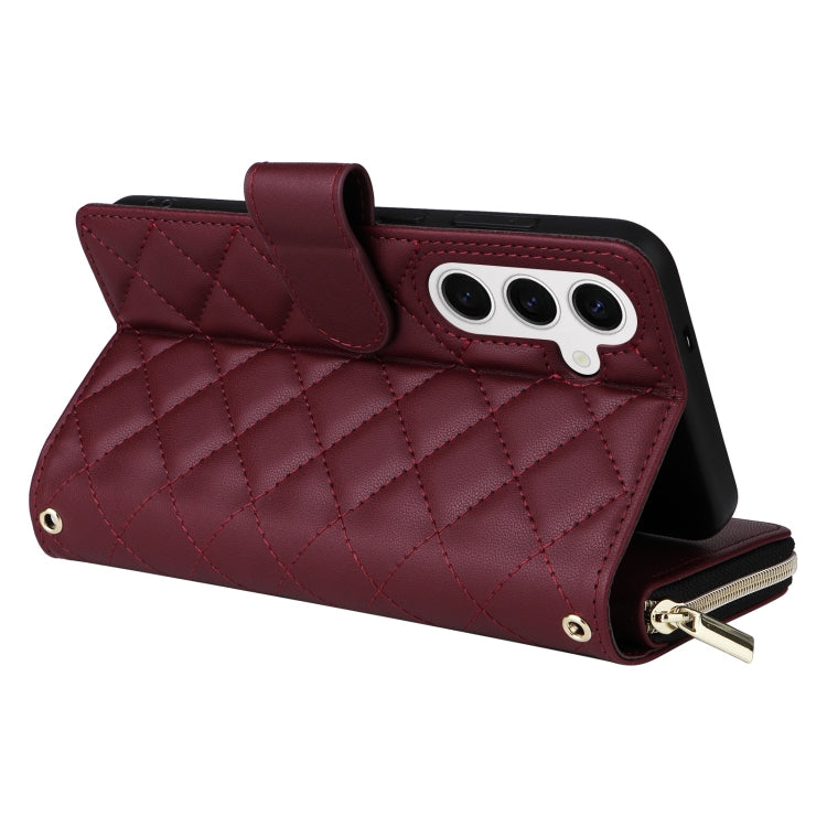 For Samsung Galaxy S25 5G Crossbody Rhombic Zipper Tower Buckle Leather Phone Case with Lanyard(Wine Red) - Galaxy S25 5G Cases by PMC Jewellery | Online Shopping South Africa | PMC Jewellery | Buy Now Pay Later Mobicred