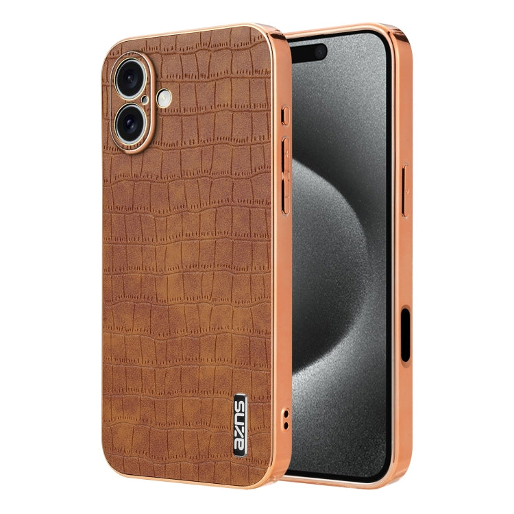 For iPhone 16 AZNS Electroplated Frame Crocodile Texture Full Coverage Phone Case(Brown) - iPhone 16 Cases by AZNS | Online Shopping South Africa | PMC Jewellery | Buy Now Pay Later Mobicred