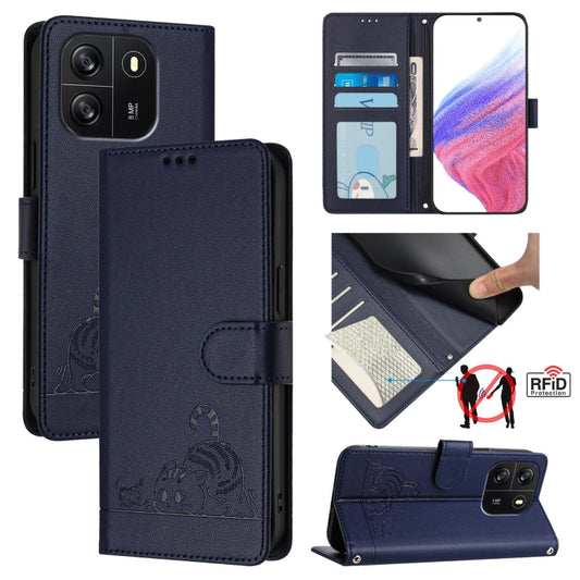 For Blackview Wave 6C Cat Rat Embossed Pattern RFID Leather Phone Case with Lanyard(Blue) - More Brand by PMC Jewellery | Online Shopping South Africa | PMC Jewellery | Buy Now Pay Later Mobicred