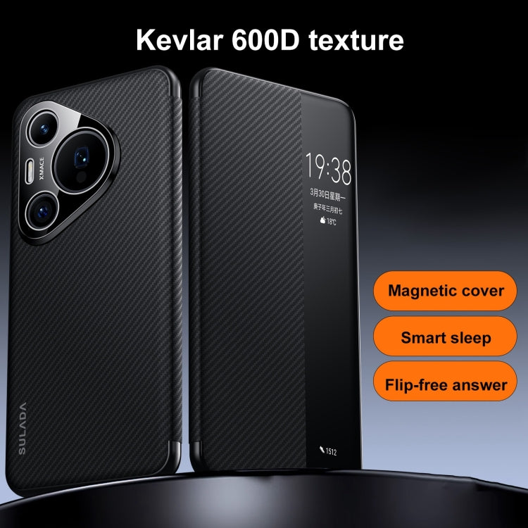 For Huawei Mate 70 SULADA Kevlar 600D Texture Smart Window Leather Phone Case(Black) - Huawei Cases by SULADA | Online Shopping South Africa | PMC TechLife | Buy Now Pay Later Mobicred