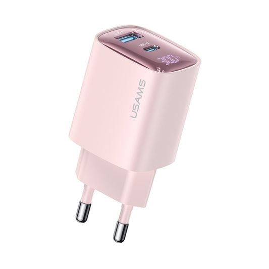 USAMS CC229 30W USB+USB-C / Type-C Dual Port GaN Digital Display Charger, Specifications: EU Plug(Pink) - USB Charger by USAMS | Online Shopping South Africa | PMC Jewellery | Buy Now Pay Later Mobicred