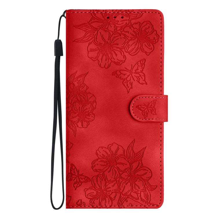For iPhone 16e Cherry Blossom Butterfly Skin Feel Embossed PU Phone Case(Red) - iPhone 16e Cases by PMC TechLife | Online Shopping South Africa | PMC TechLife | Buy Now Pay Later Mobicred