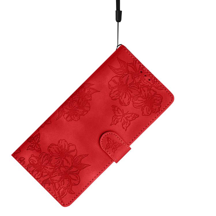 For iPhone 16e Cherry Blossom Butterfly Skin Feel Embossed PU Phone Case(Red) - iPhone 16e Cases by PMC TechLife | Online Shopping South Africa | PMC TechLife | Buy Now Pay Later Mobicred