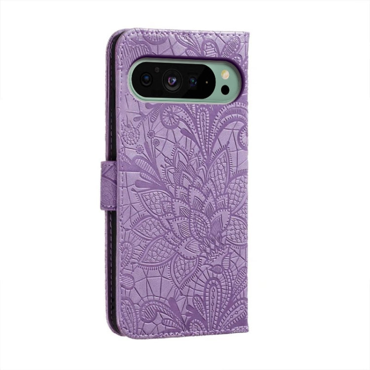 For Google Pixel 9 Lace Flower Embossing Flip Leather Phone Case(Purple) - Google Cases by PMC Jewellery | Online Shopping South Africa | PMC Jewellery | Buy Now Pay Later Mobicred