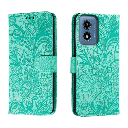 For Motorola Moto G Play 2024 Lace Flower Embossing Flip Leather Phone Case(Green) - Motorola Cases by PMC Jewellery | Online Shopping South Africa | PMC Jewellery | Buy Now Pay Later Mobicred