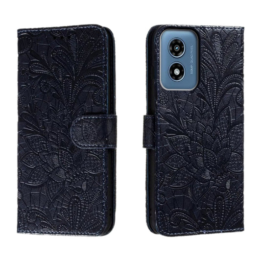 For Motorola Moto G Play 2024 Lace Flower Embossing Flip Leather Phone Case(Dark Blue) - Motorola Cases by PMC Jewellery | Online Shopping South Africa | PMC Jewellery | Buy Now Pay Later Mobicred