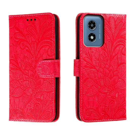 For Motorola Moto G Play 2024 Lace Flower Embossing Flip Leather Phone Case(Red) - Motorola Cases by PMC Jewellery | Online Shopping South Africa | PMC Jewellery | Buy Now Pay Later Mobicred