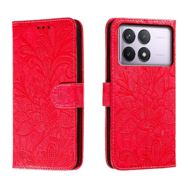 For Xiaomi Redmi K70 Lace Flower Embossing Flip Leather Phone Case(Red) - K70 Cases by PMC Jewellery | Online Shopping South Africa | PMC Jewellery | Buy Now Pay Later Mobicred