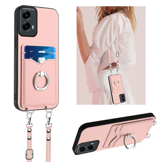 For Motorola Moto G 5G 2024 R20 Crossbody Rope Ring Card Holder Phone Case(Pink) - Motorola Cases by PMC Jewellery | Online Shopping South Africa | PMC Jewellery | Buy Now Pay Later Mobicred