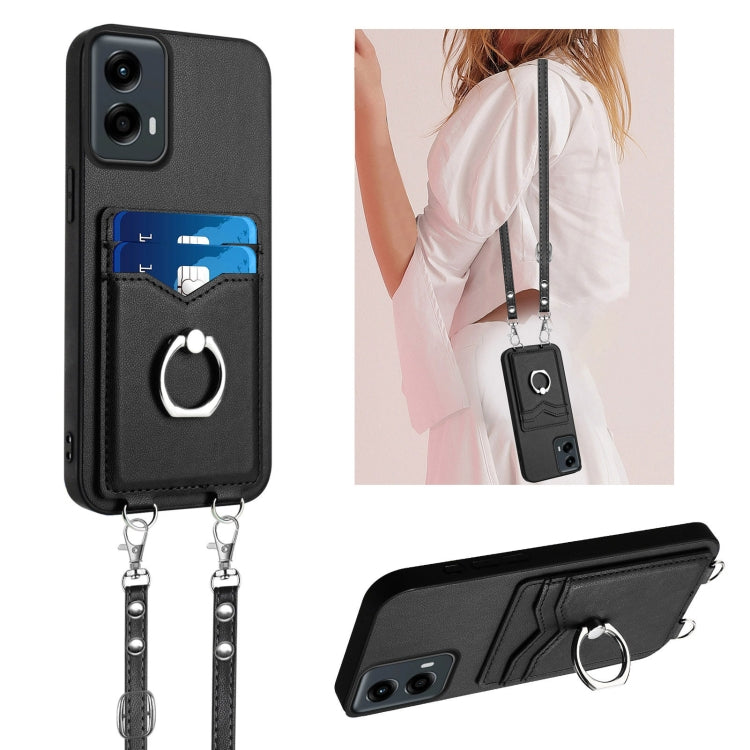 For Motorola Moto G 5G 2024 R20 Crossbody Rope Ring Card Holder Phone Case(Black) - Motorola Cases by PMC Jewellery | Online Shopping South Africa | PMC Jewellery | Buy Now Pay Later Mobicred