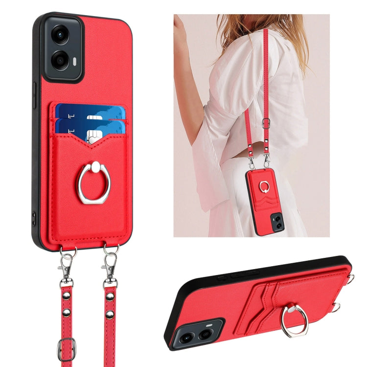 For Motorola Moto G Play 2024 5G R20 Crossbody Rope Ring Card Holder Phone Case(Red) - Motorola Cases by PMC Jewellery | Online Shopping South Africa | PMC Jewellery | Buy Now Pay Later Mobicred