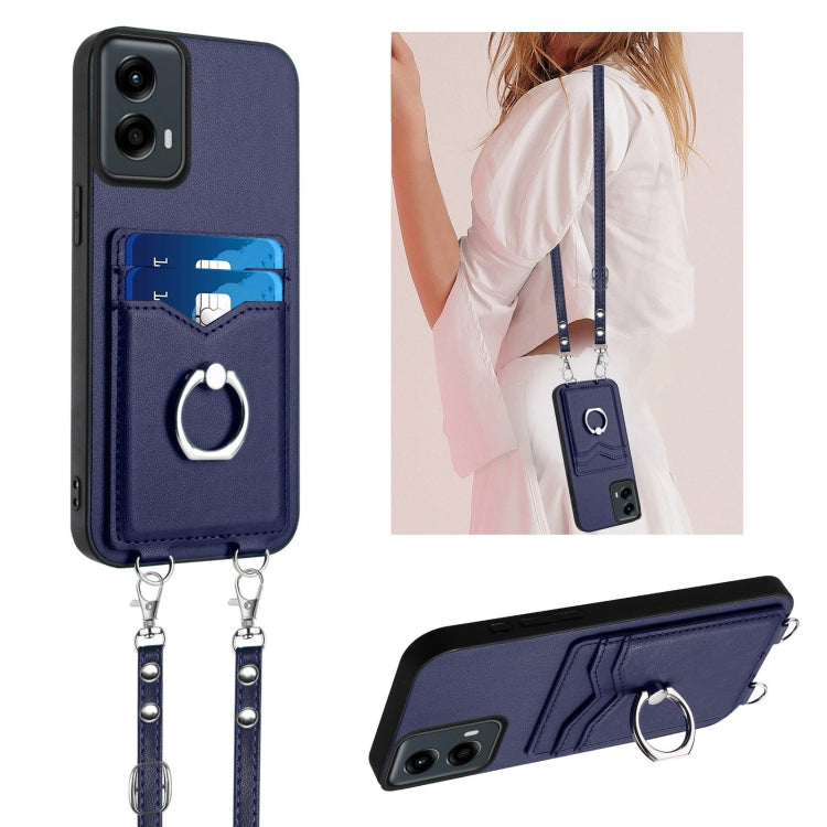 For Motorola Moto G Play 2024 5G R20 Crossbody Rope Ring Card Holder Phone Case(Blue) - Motorola Cases by PMC Jewellery | Online Shopping South Africa | PMC Jewellery | Buy Now Pay Later Mobicred