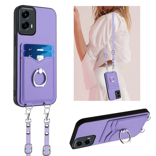 For Motorola Moto G Play 2024 5G R20 Crossbody Rope Ring Card Holder Phone Case(Purple) - Motorola Cases by PMC Jewellery | Online Shopping South Africa | PMC Jewellery | Buy Now Pay Later Mobicred