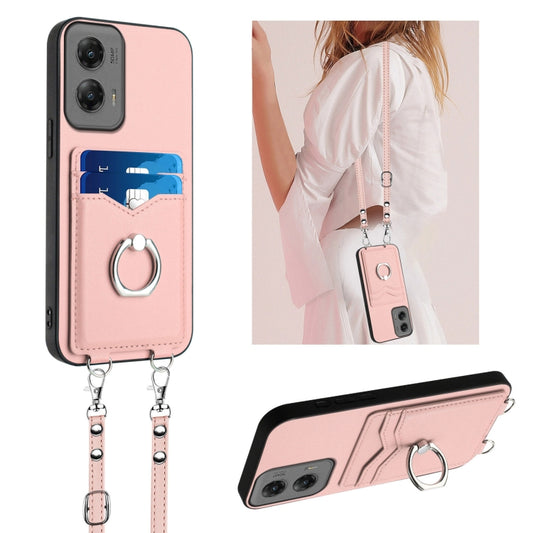 For Motorola Moto G Stylus 5G 2024 R20 Crossbody Rope Ring Card Holder Phone Case(Pink) - Motorola Cases by PMC Jewellery | Online Shopping South Africa | PMC Jewellery | Buy Now Pay Later Mobicred