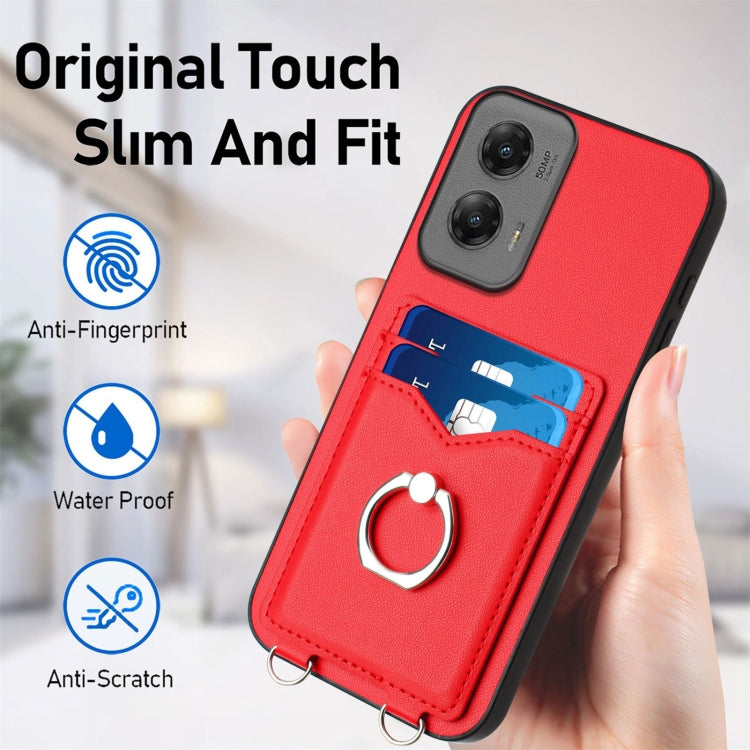 For Motorola Moto G Stylus 5G 2024 R20 Crossbody Rope Ring Card Holder Phone Case(Red) - Motorola Cases by PMC Jewellery | Online Shopping South Africa | PMC Jewellery | Buy Now Pay Later Mobicred