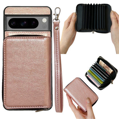 For Google Pixel 9 / 9 Pro Solid Color Zipper 11-Card Slots Bag Phone Case with Lanyard(Rose Gold) - Google Cases by PMC Jewellery | Online Shopping South Africa | PMC Jewellery | Buy Now Pay Later Mobicred