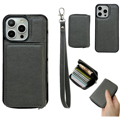 For iPhone 16 Pro Solid Color Zipper 11-Card Slots Bag Phone Case with Lanyard(Grey) - iPhone 16 Pro Cases by PMC Jewellery | Online Shopping South Africa | PMC Jewellery | Buy Now Pay Later Mobicred