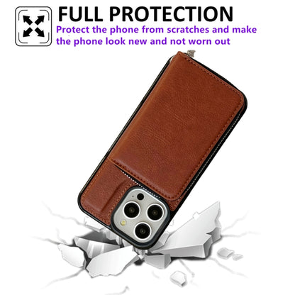 For iPhone 16 Pro Solid Color Zipper 11-Card Slots Bag Phone Case with Lanyard(Brown) - iPhone 16 Pro Cases by PMC Jewellery | Online Shopping South Africa | PMC Jewellery | Buy Now Pay Later Mobicred