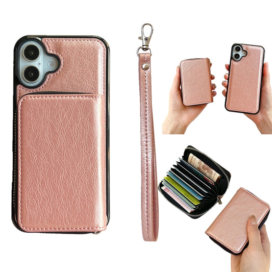 For iPhone 16 Plus Solid Color Zipper 11-Card Slots Bag Phone Case with Lanyard(Rose Gold) - iPhone 16 Plus Cases by PMC Jewellery | Online Shopping South Africa | PMC Jewellery | Buy Now Pay Later Mobicred