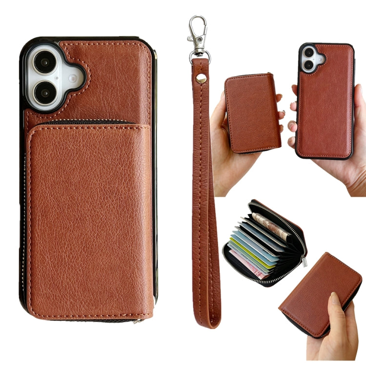 For iPhone 16 Plus Solid Color Zipper 11-Card Slots Bag Phone Case with Lanyard(Brown) - iPhone 16 Plus Cases by PMC Jewellery | Online Shopping South Africa | PMC Jewellery | Buy Now Pay Later Mobicred