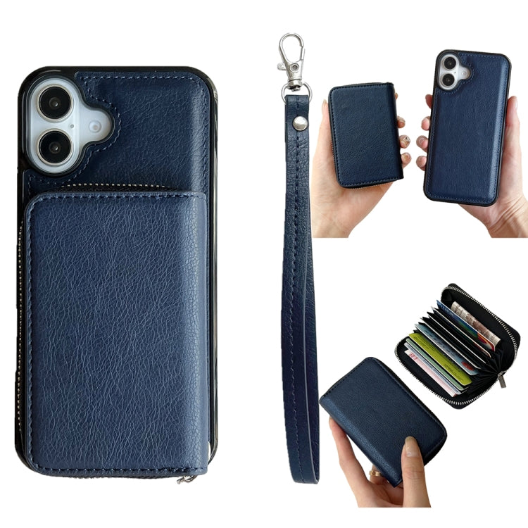 For iPhone 16 Solid Color Zipper 11-Card Slots Bag Phone Case with Lanyard(Blue) - iPhone 16 Cases by PMC Jewellery | Online Shopping South Africa | PMC Jewellery | Buy Now Pay Later Mobicred