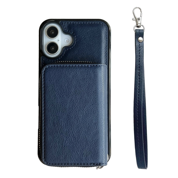 For iPhone 16 Solid Color Zipper 11-Card Slots Bag Phone Case with Lanyard(Blue) - iPhone 16 Cases by PMC Jewellery | Online Shopping South Africa | PMC Jewellery | Buy Now Pay Later Mobicred